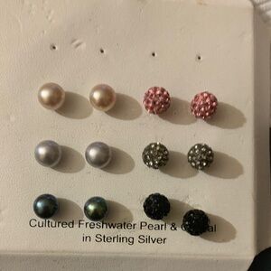 Sterling Silver Pearl and Crystal Earring Set 6-pair